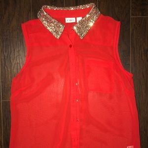 Sheer, Coral Button Down with Gold Sequin Collar